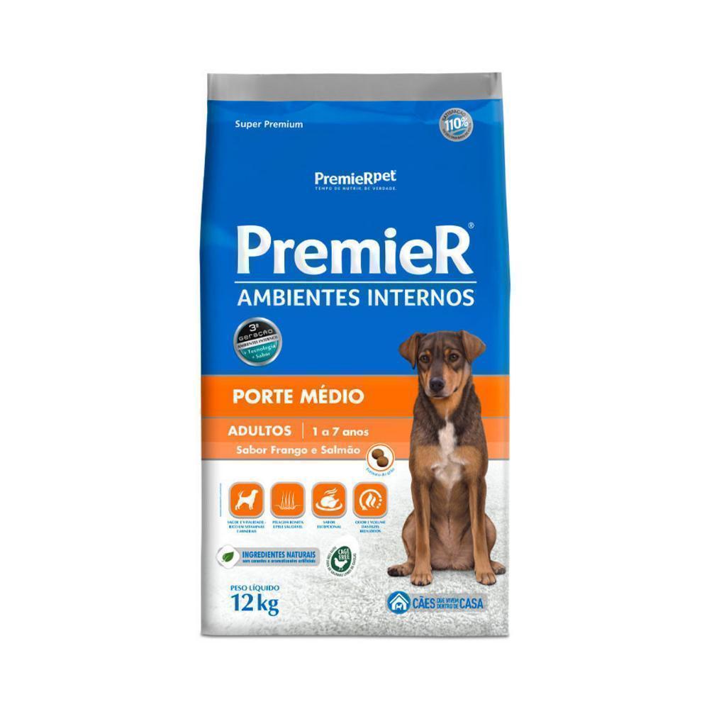 Ração Premier Ambientes Internos para Cães Adultos de Médio Porte Sabor Frango e Salmão 12kg
