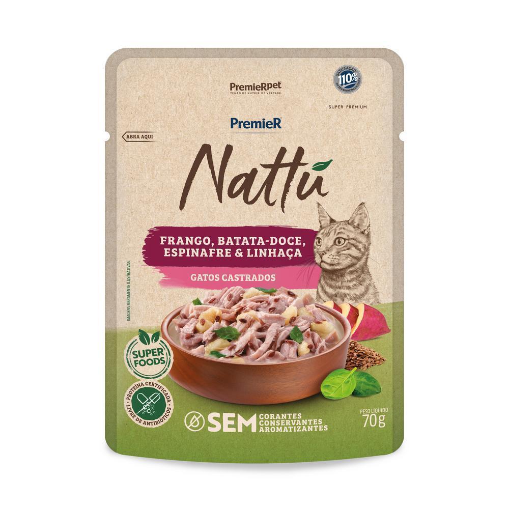 PremieR Nattu Úmidos Gatos Castrados Frango, Btata Doce, Espinafre e Linhaça